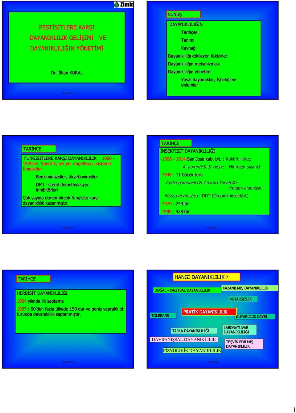 2002 2 FUNGİSİTLERE KARŞI 1960-1970 ler, Spesifik, tek yer engelleyici, sistemik fungisitler Benzimidazoller, dicarboximidler DMI - sterol demethylasyon inhibitörleri Çok sayıda etmen birçok