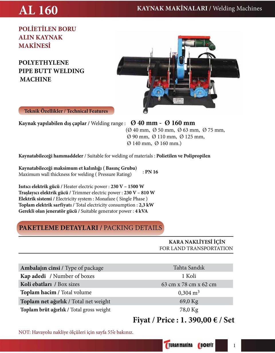 ) Kaynatabileceği hammaddeler / Suitable for welding of materials : Polietilen ve Polipropilen Kaynatabileceği maksimum et kalınlığı ( Basınç Grubu) Maximum wall thickness for welding ( Pressure