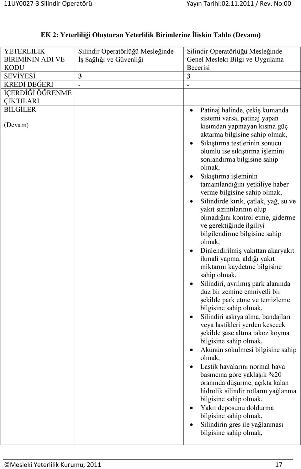 işlemini sonlandırma bilgisine sahip Sıkıştırma işleminin tamamlandığını yetkiliye haber verme Silindirde kırık, çatlak, yağ, su ve yakıt sızıntılarının olup olmadığını kontrol etme, giderme ve