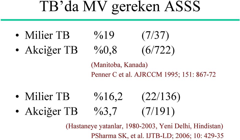 AJRCCM 1995; 151: 867-72 Milier TB %16,2 (22/136) Akciğer TB %3,7