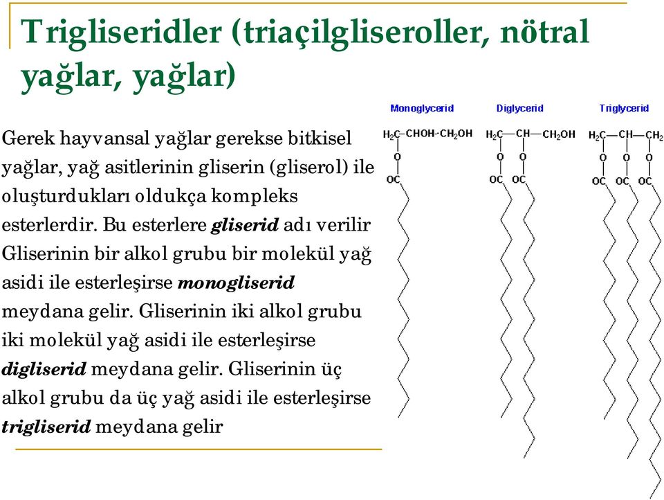 Bu esterlere gliserid adı verilir Gliserinin bir alkol grubu bir molekül yağ asidi ile esterleşirse monogliserid meydana