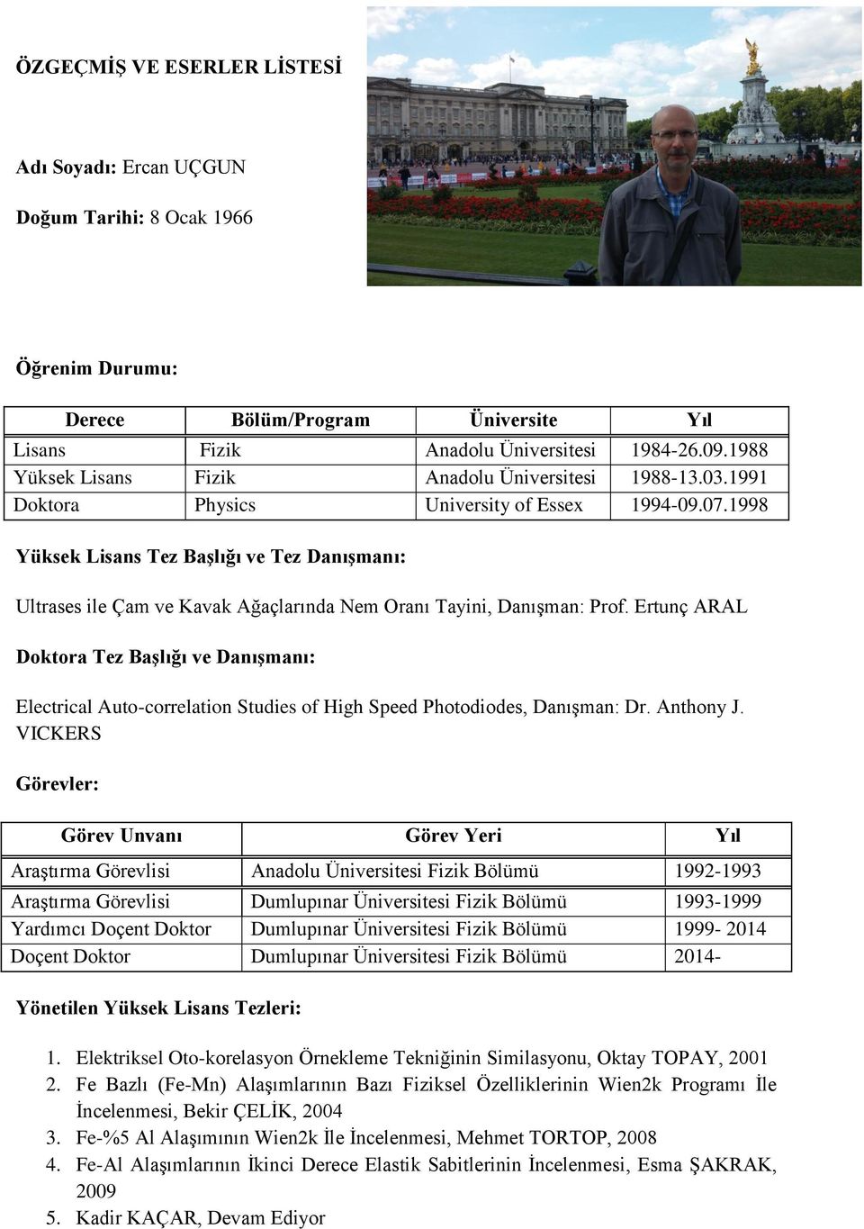 1998 Yüksek Lisans Tez Başlığı ve Tez Danışmanı: Ultrases ile Çam ve Kavak Ağaçlarında Nem Oranı Tayini, Danışman: Prof.