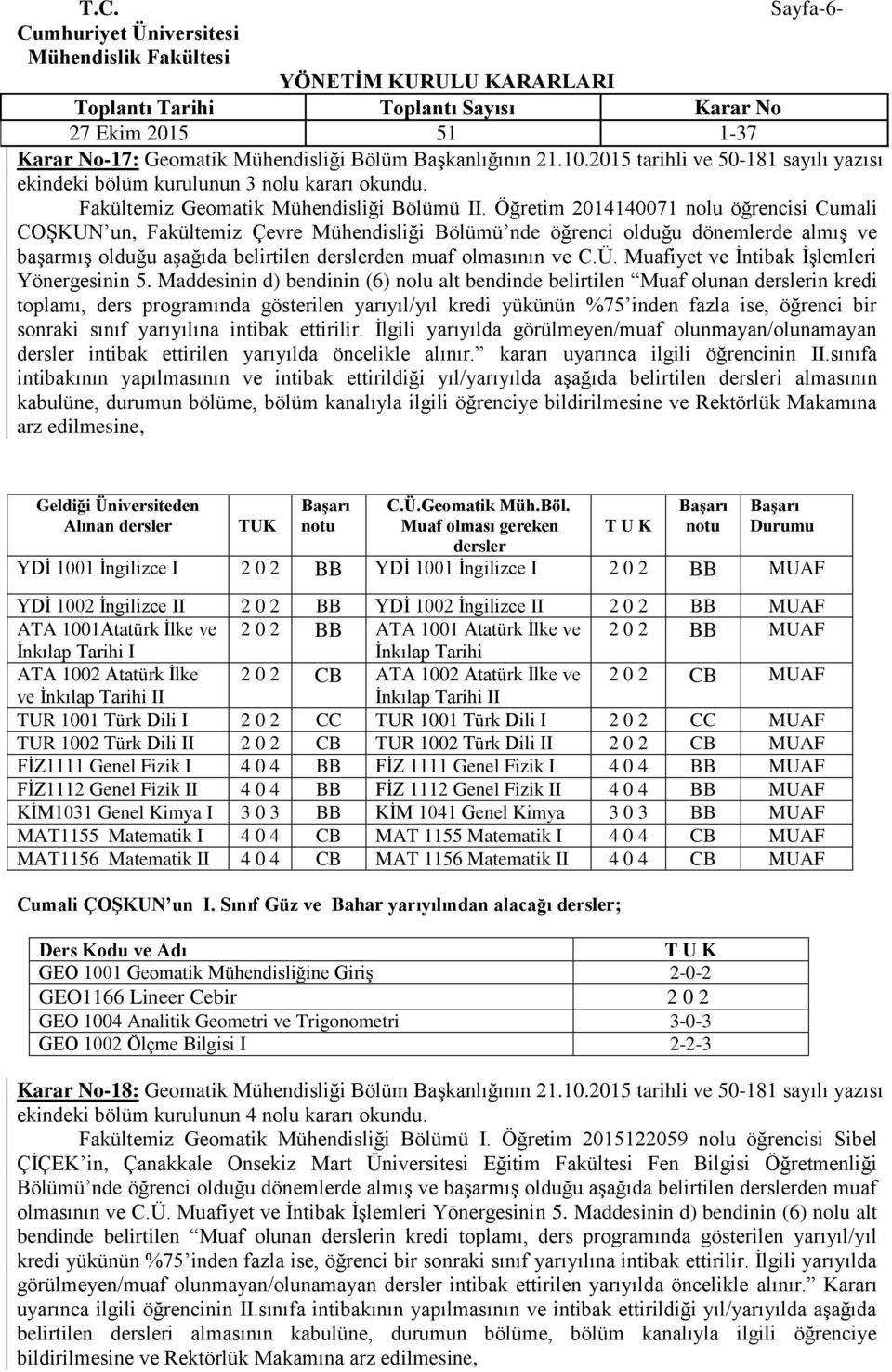 Muafiyet ve İntibak İşlemleri Yönergesinin 5.