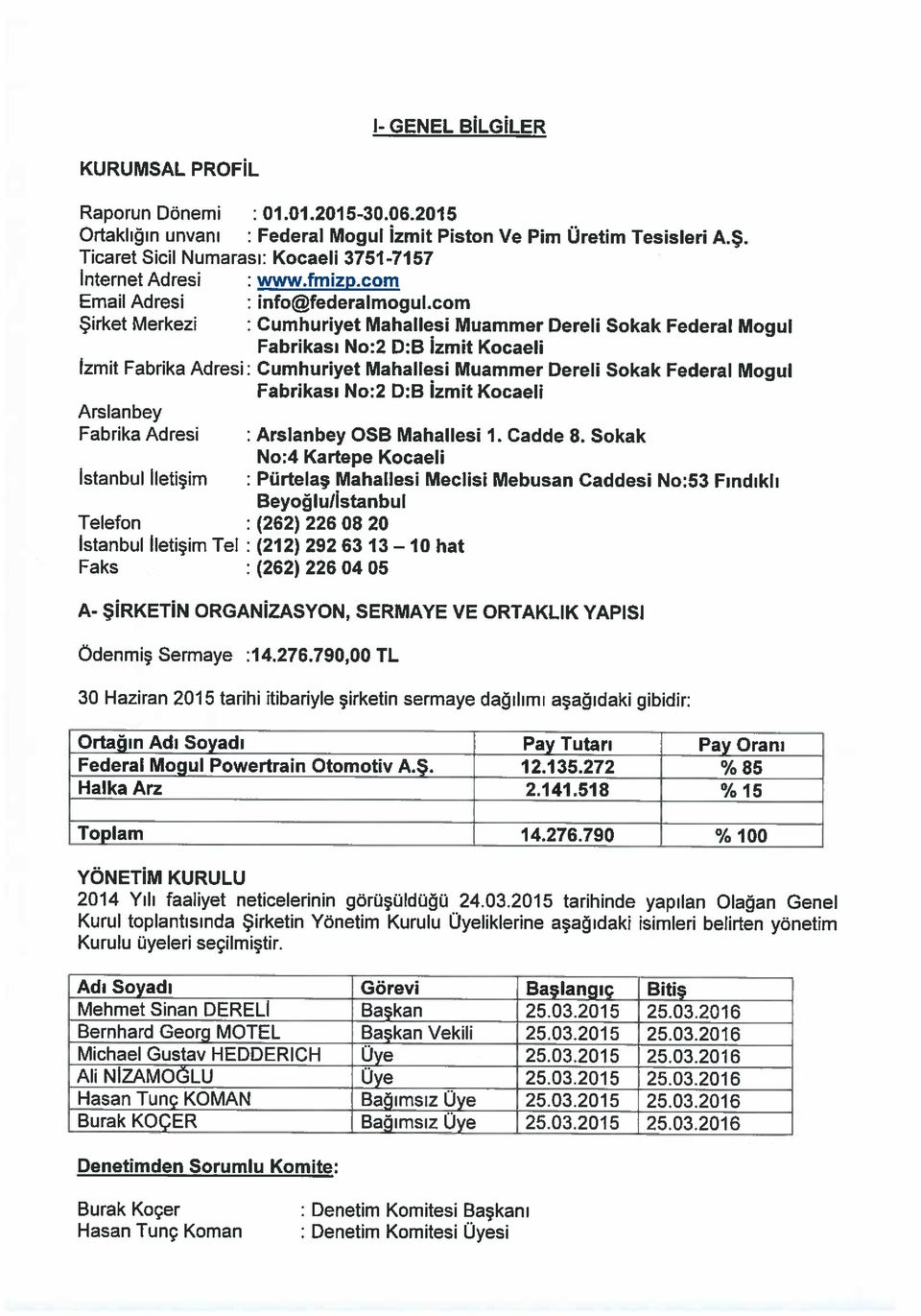 276.790 % 100 Ortağın Adı Soyadı Pay Tutarı Pay Oranı Federal Mogul Powertrain Otomotiv A.Ş. i 12.135.