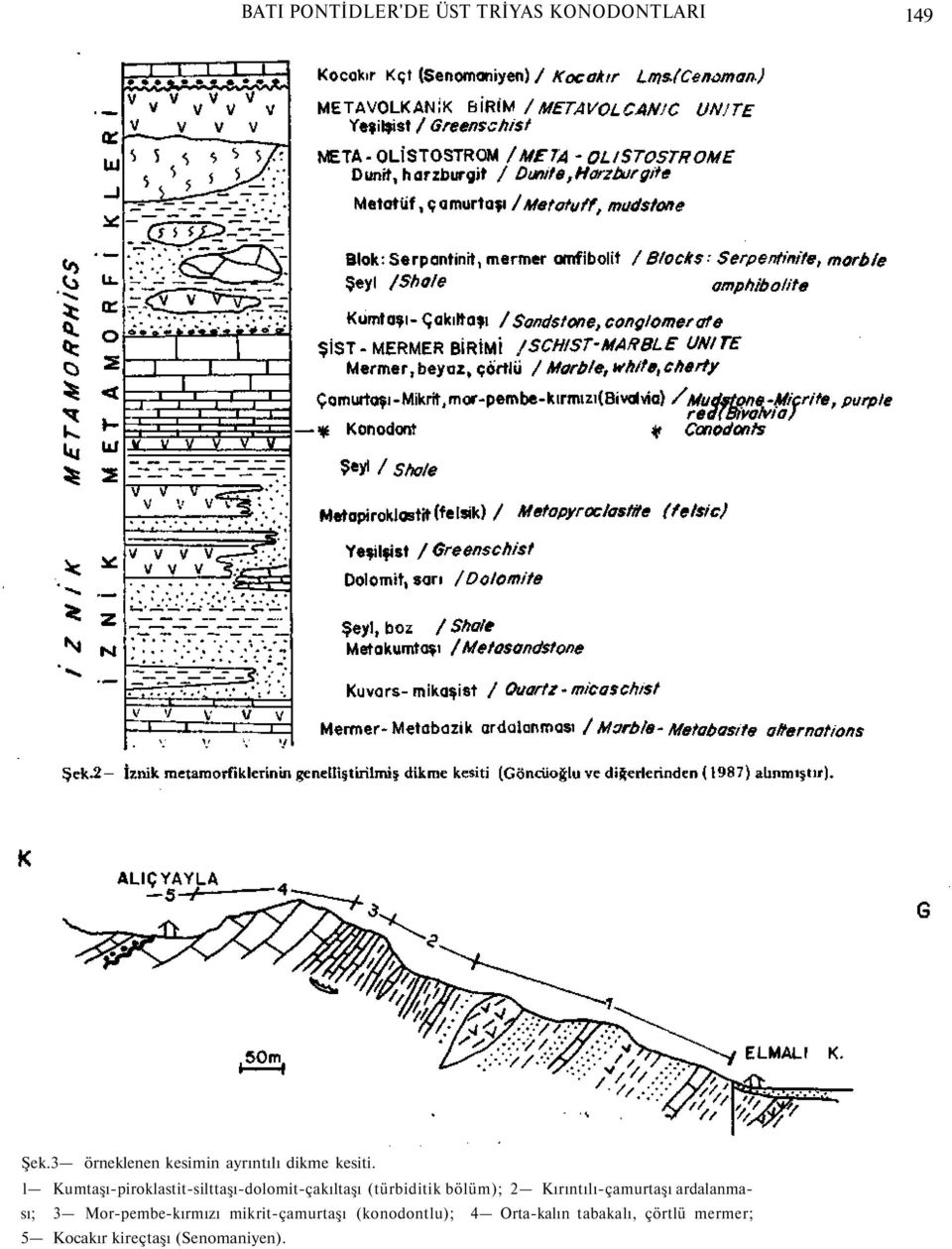 l Kumtaşı-piroklastit-silttaşı-dolomit-çakıltaşı (türbiditik bölüm); 2