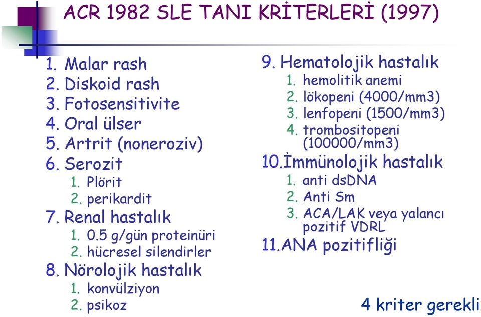 konvülziyon 2. psikoz 9. Hematolojik hastalık 1. hemolitik anemi 2. lökopeni (4000/mm3) 3. lenfopeni (1500/mm3) 4.