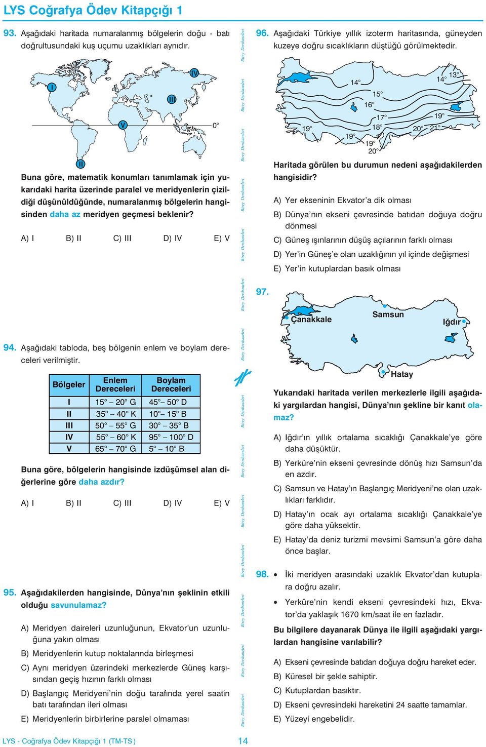 A) B) C) D) E) 94. Aþaðýdaki tabloda, beþ bölgenin enlem ve boylam dereceleri verilmiþtir.