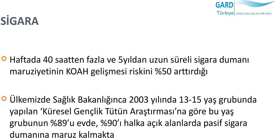 Bakanlığınca 2003 yılında 13-15 yaş grubunda yapılan Küresel Gençlik Tütün