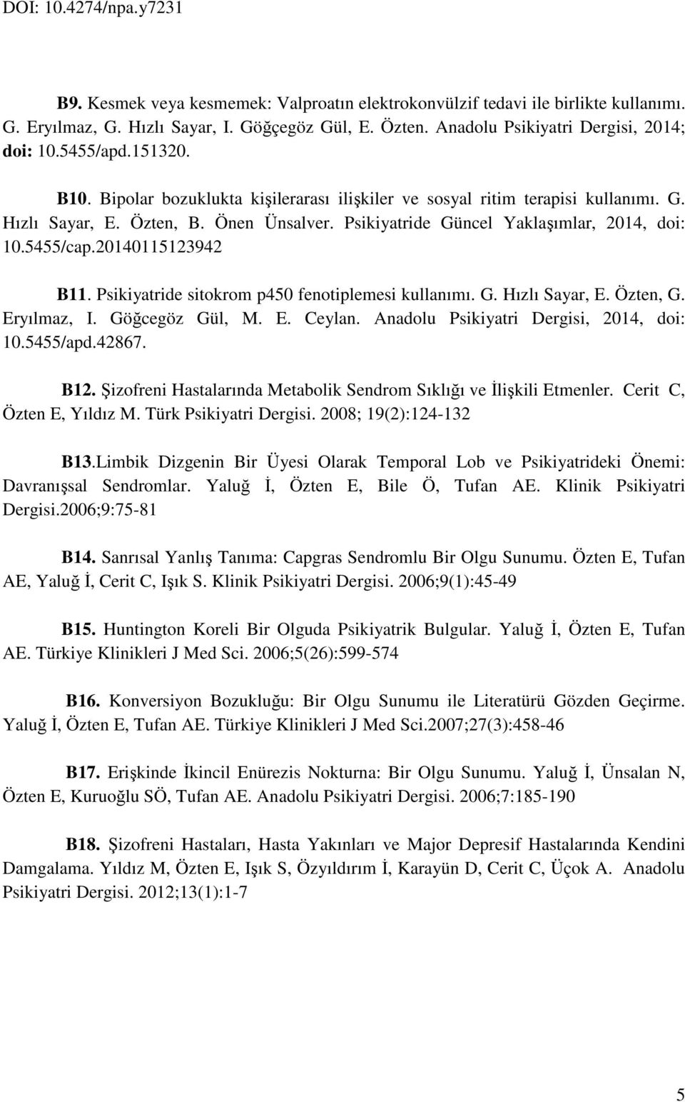 Psikiyatride Güncel Yaklaşımlar, 2014, doi: 10.5455/cap.20140115123942 B11. Psikiyatride sitokrom p450 fenotiplemesi kullanımı. G. Hızlı Sayar, E. Özten, G. Eryılmaz, I. Göğcegöz Gül, M. E. Ceylan.