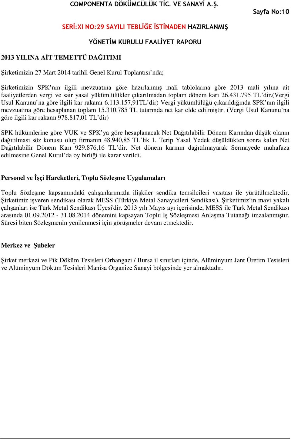 157,91TL dir) Vergi yükümlülüğü çıkarıldığında SPK nın ilgili mevzuatına göre hesaplanan toplam 15.310.785 TL tutarında net kar elde edilmiştir. (Vergi Usul Kanunu na göre ilgili kar rakamı 978.