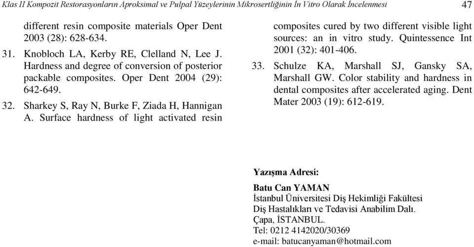Surface hardness of light activated resin composites cured by two different visible light sources: an in vitro study. Quintessence Int 2001 (32): 401-406. 33.