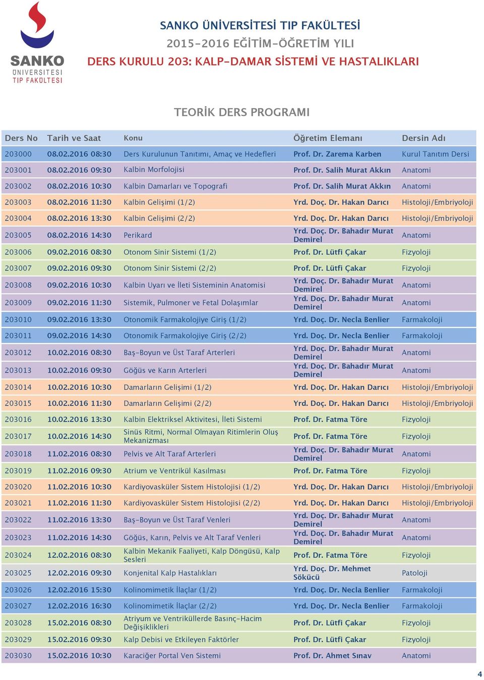 02.2016 13:30 Kalbin Gelişimi (2/2) Yrd. Doç. Dr. Hakan Darıcı Histoloji/Embriyoloji 203005 08.02.2016 14:30 Perikard 203006 09.02.2016 08:30 Otonom Sinir Sistemi (1/2) Prof. Dr. Lütfi Çakar 203007 09.