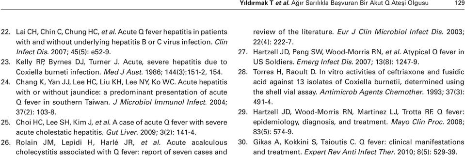 Acute, severe hepatitis due to Coxiella burneti infection. Med J Aust. 1986; 144(3):151-2, 154. 24. Chang K, Yan JJ, Lee HC, Liu KH, Lee NY, Ko WC.