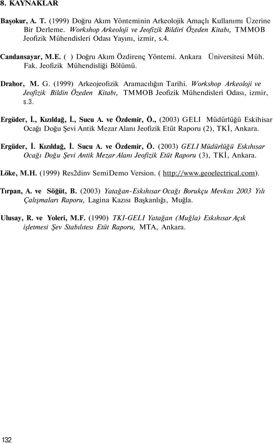 Jeofizik Mühendisliği Bölümü. Drahor, M. G. (1999) Arkeojeofızik Aramacılığın Tarihi. Workshop Arkeoloji ve Jeofizik Bildin Özeden Kitabı, TMMOB Jeofizik Mühendisleri Odası, izmir, s.3. Ergüder, İ.