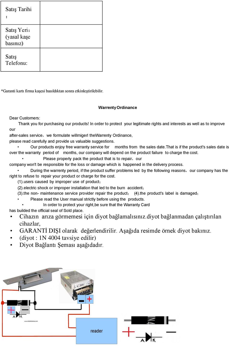 In order to protect your legitimate rights and interests as well as to improve our after-sales service,we formulate willmigerl thewarrenty Ordinance, please read carefully and provide us valuable