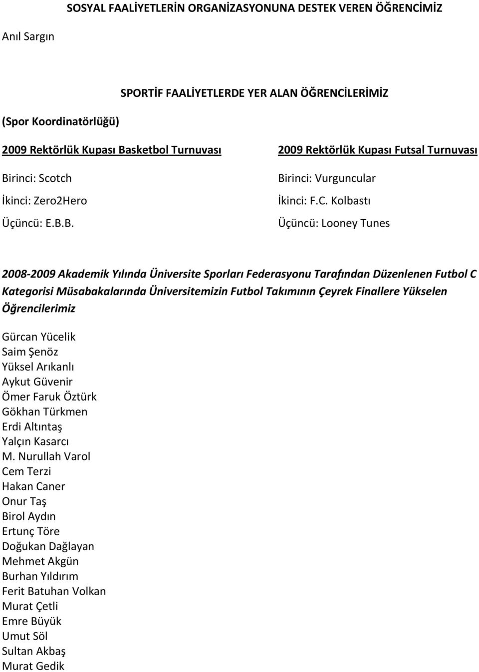 Kolbastı Üçüncü: Looney Tunes 2008 2009 Akademik Yılında Üniversite Sporları Federasyonu Tarafından Düzenlenen Futbol C Kategorisi Müsabakalarında Üniversitemizin Futbol Takımının Çeyrek Finallere