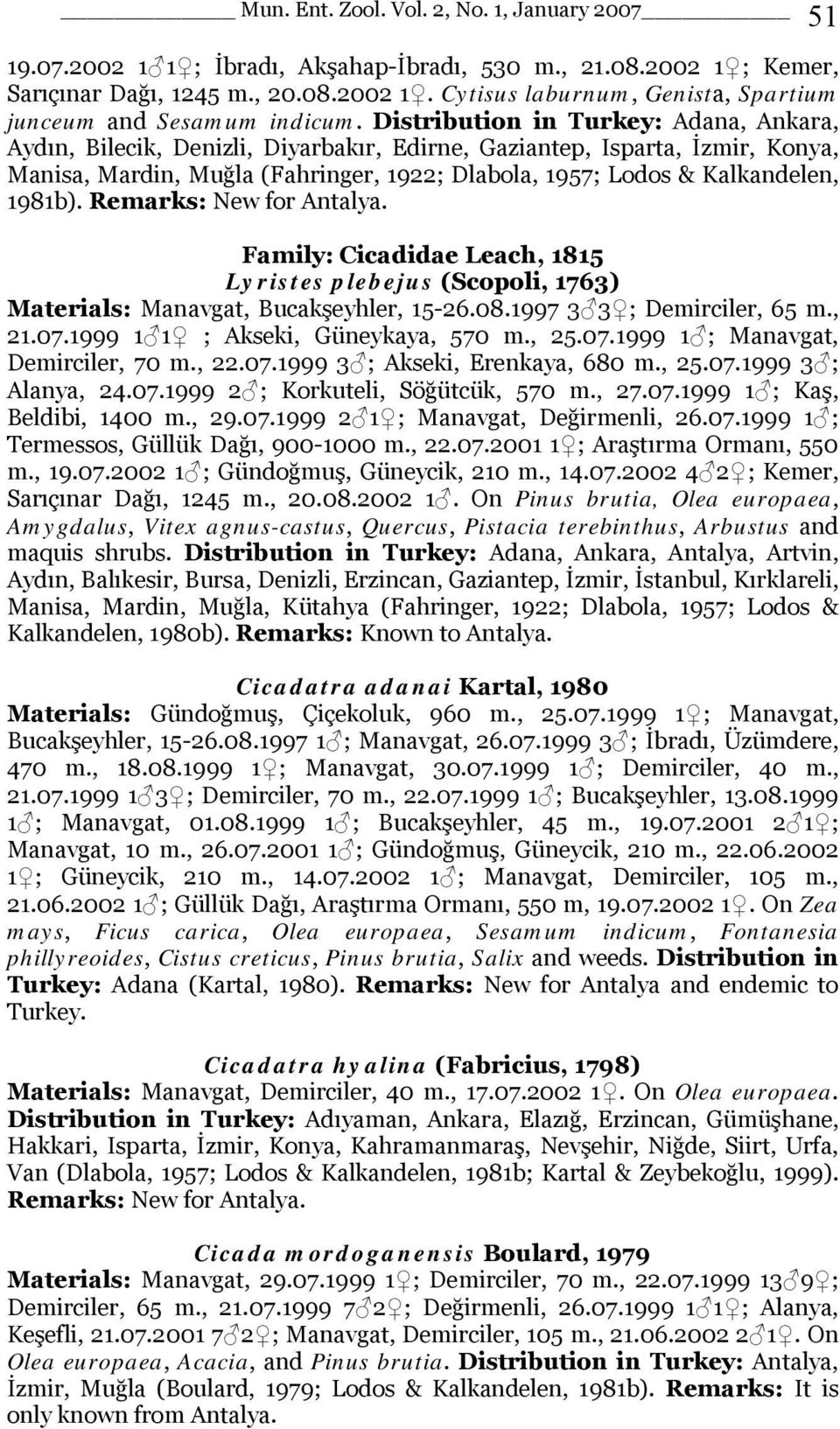 1981b). Remarks: New for Antalya. Family: Cicadidae Leach, 1815 Lyristes plebejus (Scopoli, 1763) Materials: Manavgat, Bucakşeyhler, 15-26.08.1997 3 3 ; Demirciler, 65 m., 21.07.