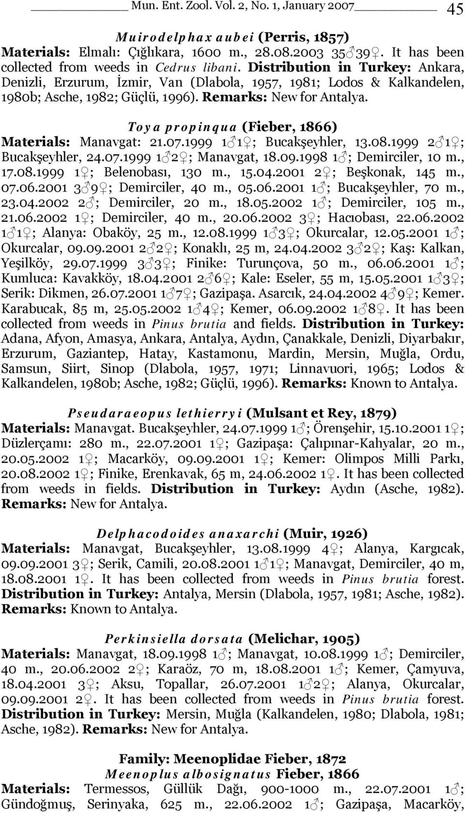 Toya propinqua (Fieber, 1866) Materials: Manavgat: 21.07.1999 1 1 ; Bucakşeyhler, 13.08.1999 2 1 ; Bucakşeyhler, 24.07.1999 1 2 ; Manavgat, 18.09.1998 1 ; Demirciler, 10 m., 17.08.1999 1 ; Belenobası, 130 m.