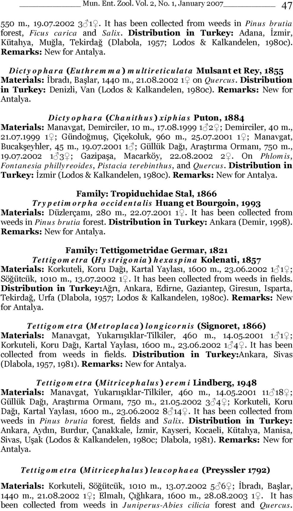 Dictyophara (Euthremma) multireticulata Mulsant et Rey, 1855 Materials: İbradı, Başlar, 1440 m., 21.08.2002 1 on Quercus. Distribution in Turkey: Denizli, Van (Lodos & Kalkandelen, 1980c).