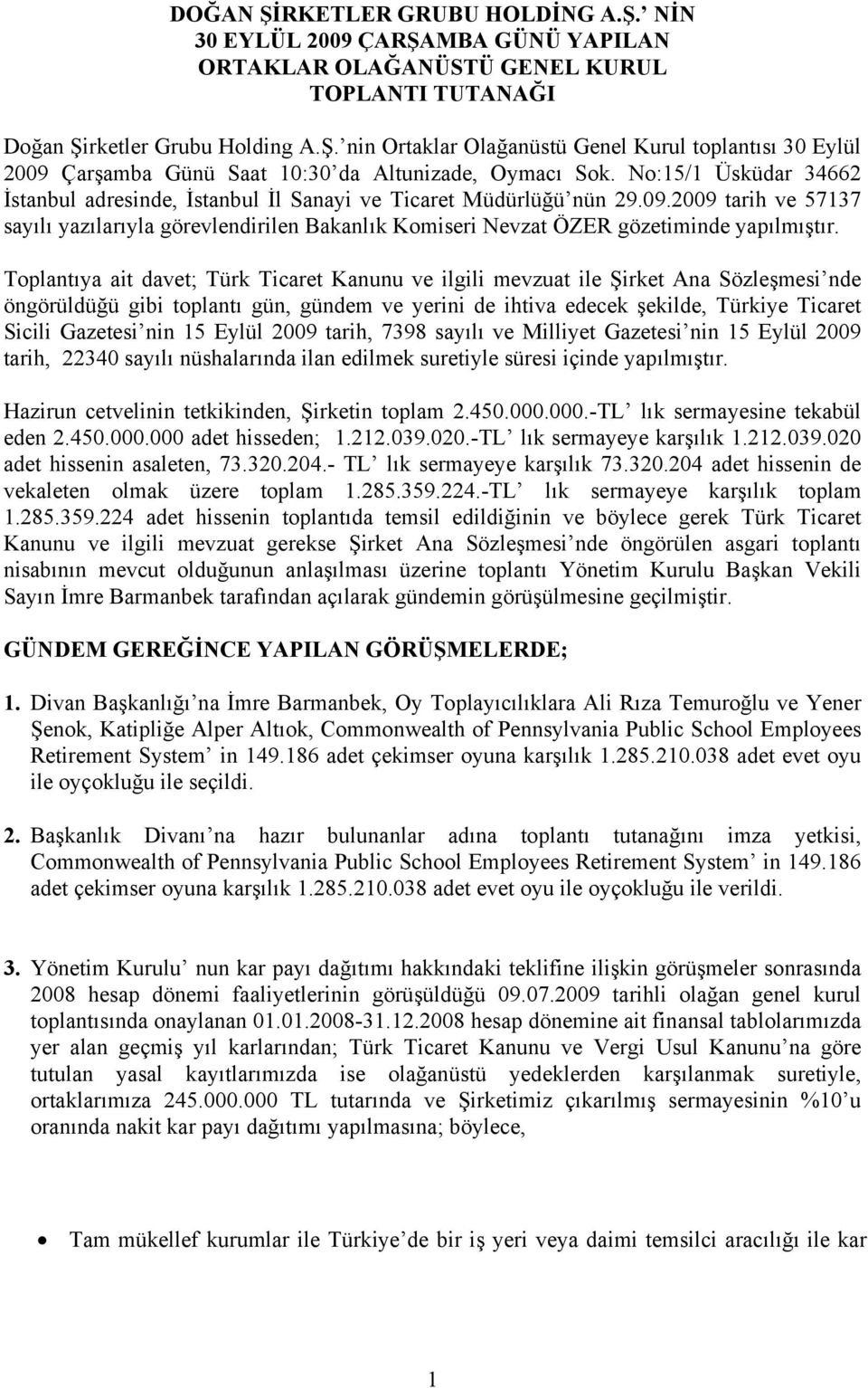 2009 tarih ve 57137 sayılı yazılarıyla görevlendirilen Bakanlık Komiseri Nevzat ÖZER gözetiminde yapılmıştır.