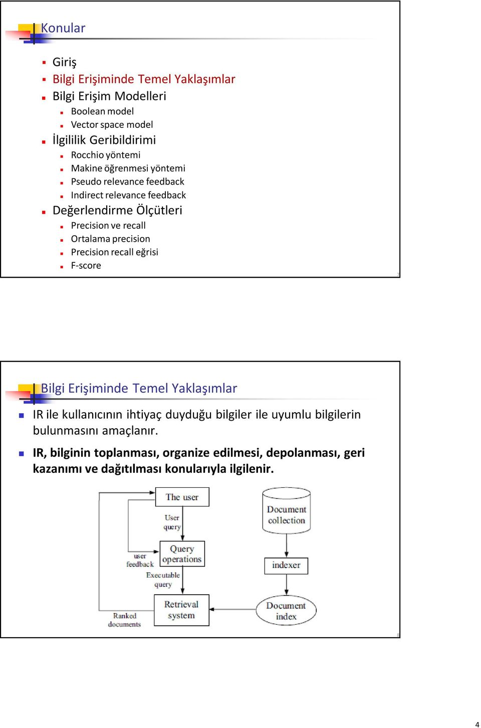 precision Precision recall eğrisi F-score 7 Bilgi Erişiminde Temel Yaklaşımlar IR ile kullanıcının ihtiyaç duyduğu bilgiler ile uyumlu