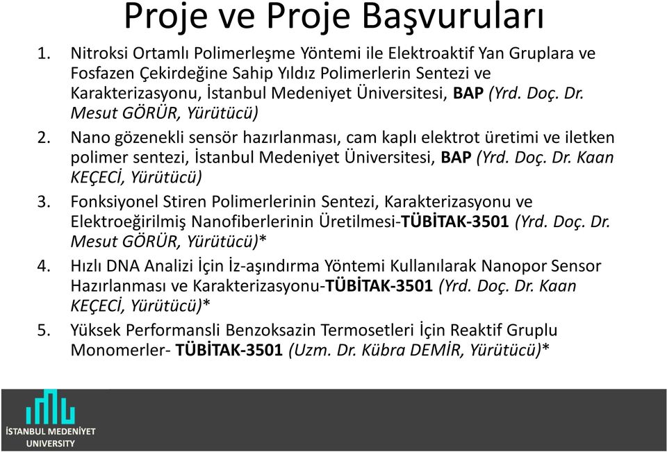 Yürütücü) 2. Nano gözenekli sensör hazırlanması, cam kaplı elektrot üretimi ve iletken polimer sentezi, İstanbul Medeniyet Üniversitesi, BAP ( Kaan KEÇECİ, Yürütücü) 3.