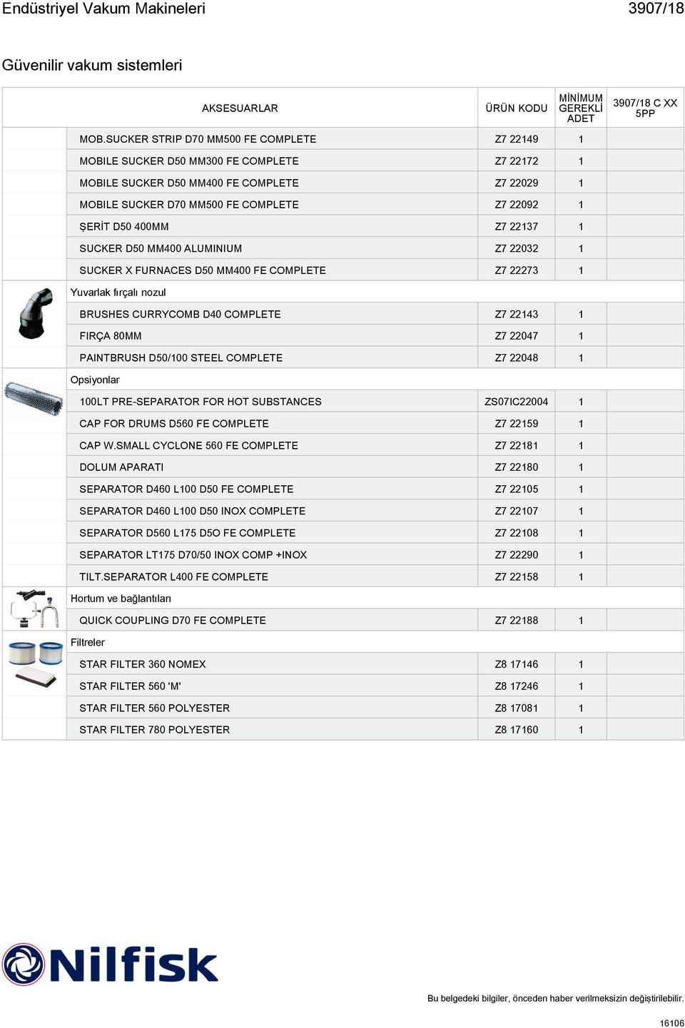 400MM Z7 22137 1 SUCKER D50 MM400 ALUMINIUM Z7 22032 1 SUCKER X FURNACES D50 MM400 FE COMPLETE Z7 22273 1 Yuvarlak fırçalı nozul BRUSHES CURRYCOMB D40 COMPLETE Z7 22143 1 FIRÇA 80MM Z7 22047 1