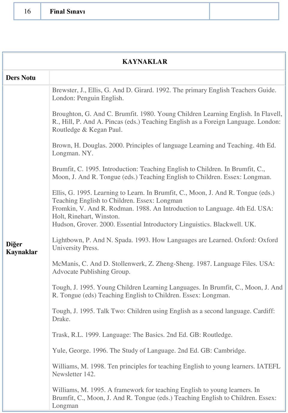 Principles of language Learning and Teaching. 4th Ed. Longman. NY. Brumfit, C. 1995. Introduction: Teaching English to Children. In Brumfit, C., Moon, J. And R. Tongue (eds.