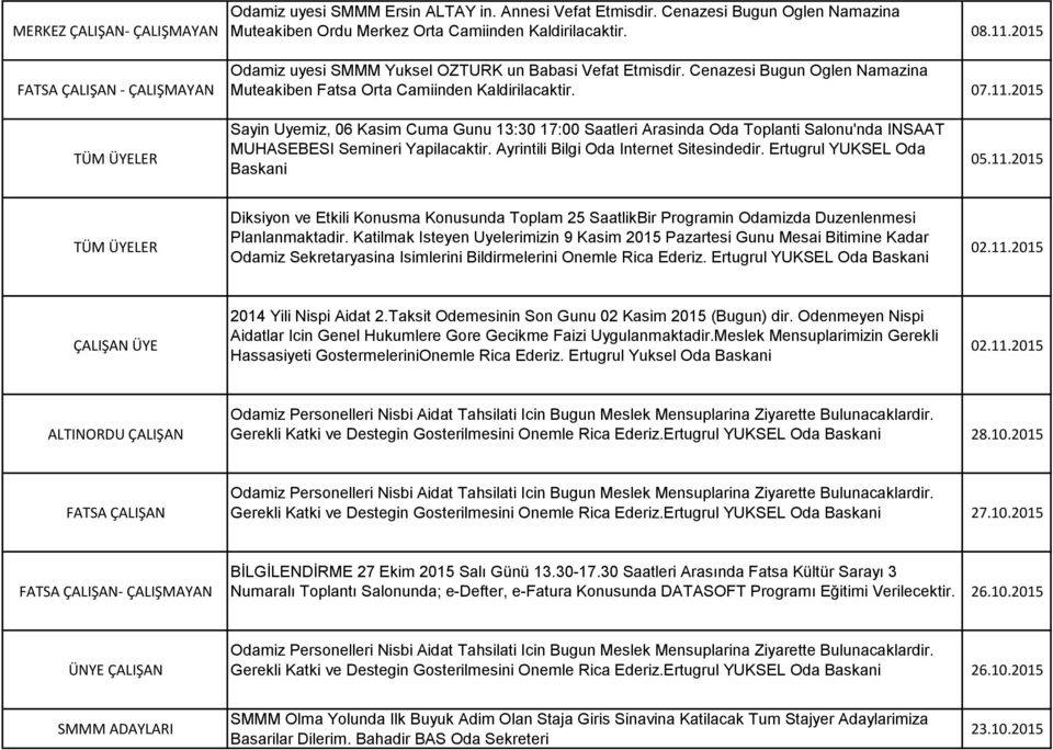 2015 TÜM LER Sayin Uyemiz, 06 Kasim Cuma Gunu 13:30 17:00 Saatleri Arasinda Oda Toplanti Salonu'nda INSAAT MUHASEBESI Semineri Yapilacaktir. Ayrintili Bilgi Oda Internet Sitesindedir.