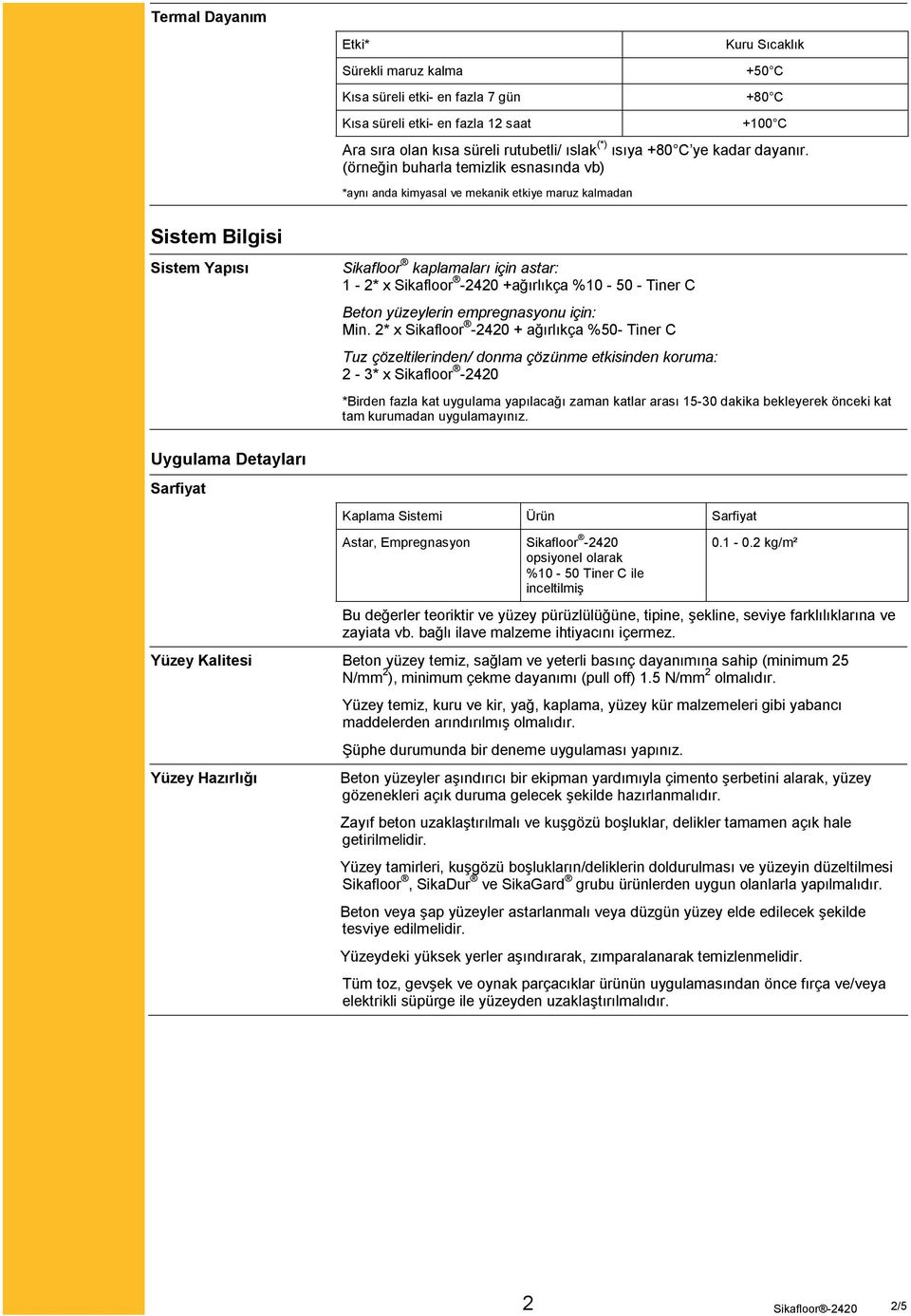 (örneğin buharla temizlik esnasında vb) *aynı anda kimyasal ve mekanik etkiye maruz kalmadan Sistem Bilgisi Sistem Yapısı Sikafloor kaplamaları için astar: 1-2* x Sikafloor -2420 +ağırlıkça %10-50 -