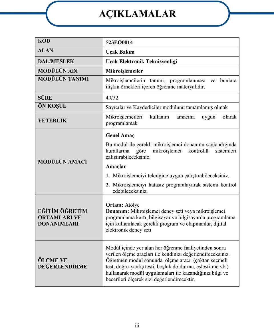 SÜRE 40/32 ÖN KOŞUL Sayıcılar ve Kaydediciler modülünü tamamlamış olmak YETERLİK Mikroişlemcileri kullanım amacına uygun olarak programlamak Genel Amaç MODÜLÜN AMACI EĞİTİM ÖĞRETİM ORTAMLARI VE