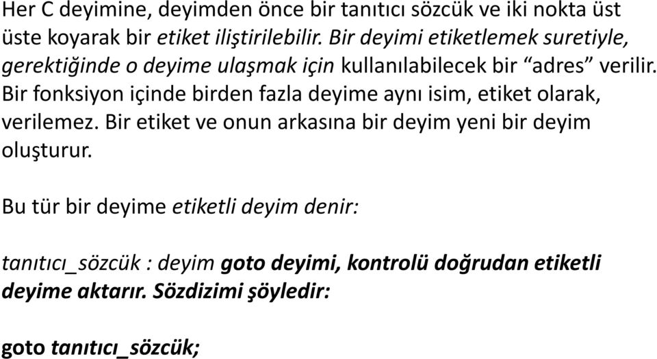 Bir fonksiyon içinde birden fazla deyime aynı isim, etiket olarak, verilemez.