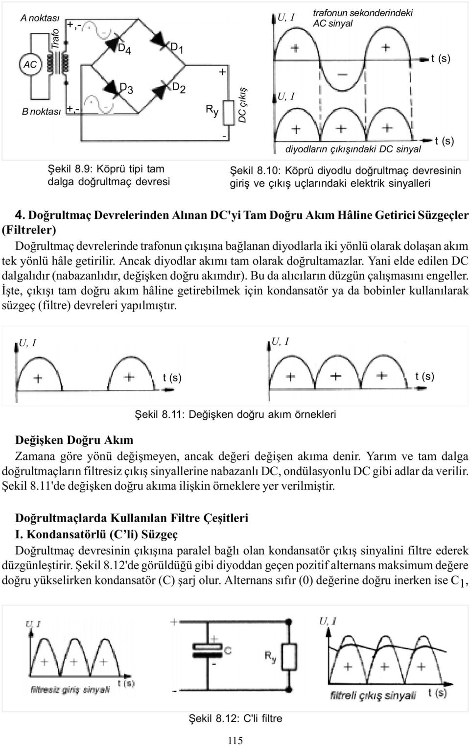 Doðrultmaç Devrelerinden Alýnan DC'yi Tam Doðru Akým Hâline Getirici Süzgeçler (Filtreler) Doðrultmaç devrelerinde trafonun ýna baðlanan diyodlarla iki yönlü olarak dolaþan akým tek yönlü hâle