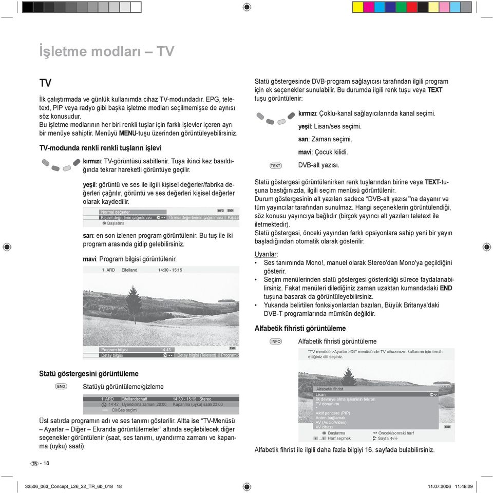 TV-modunda renkli renkli tuşların işlevi kırmızı: TV-görüntüsü sabitlenir. Tuşa ikinci kez basıldığında tekrar hareketli görüntüye geçilir.