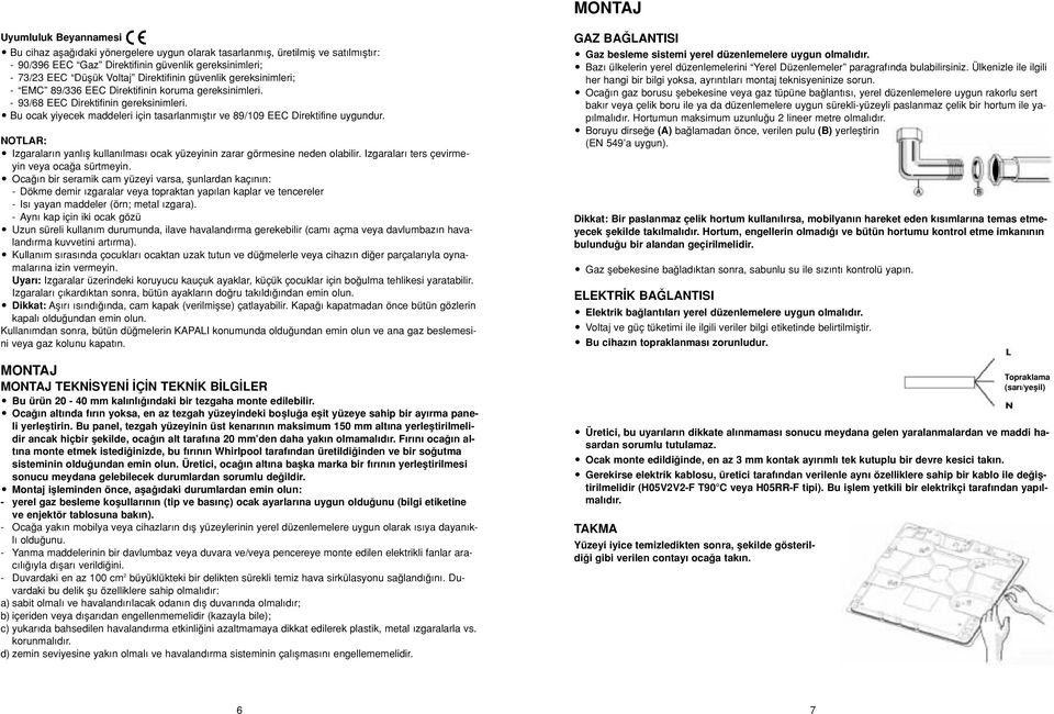 Bu ocak yiyecek maddeleri için tasarlanm flt r ve 89/109 EEC Direktifine uygundur. NOTLAR: Izgaralar n yanl fl kullan lmas ocak yüzeyinin zarar görmesine neden olabilir.