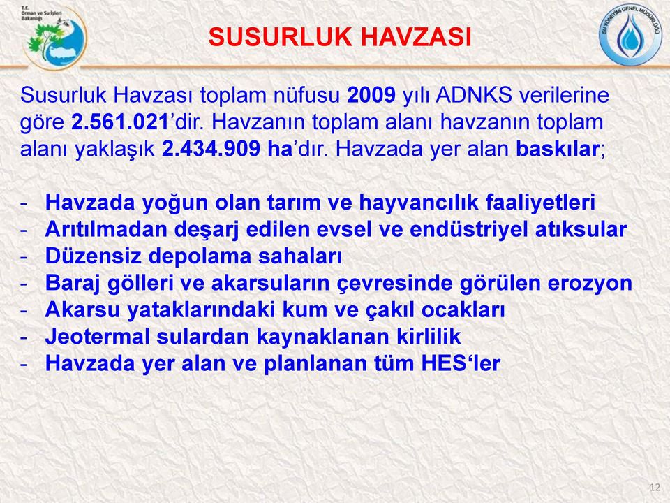 Havzada yer alan baskılar; - Havzada yoğun olan tarım ve hayvancılık faaliyetleri - Arıtılmadan deşarj edilen evsel ve endüstriyel