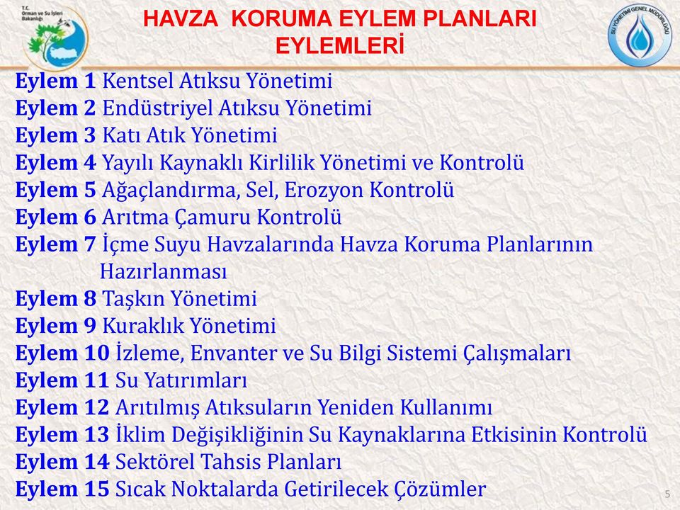 Hazırlanması Eylem 8 Taşkın Yönetimi Eylem 9 Kuraklık Yönetimi Eylem 10 İzleme, Envanter ve Su Bilgi Sistemi Çalışmaları Eylem 11 Su Yatırımları Eylem 12 Arıtılmış