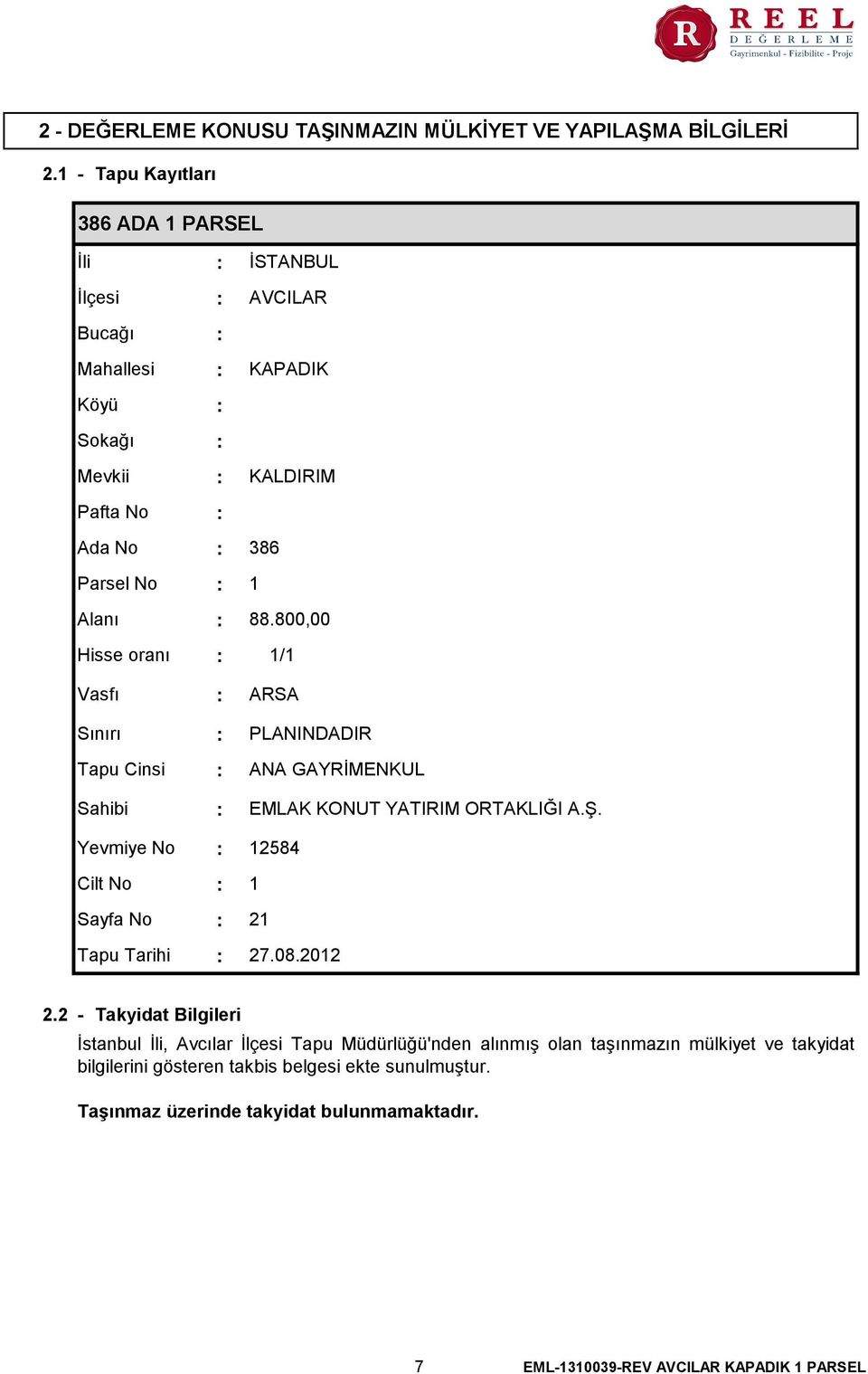 88.800,00 1/1 Vasfı Sınırı Tapu Cinsi Sahibi ARSA PLANINDADIR ANA GAYRİMENKUL EMLAK KONUT YATIRIM ORTAKLIĞI A.Ş. Yevmiye No Cilt No Sayfa No Tapu Tarihi 12584 1 21 27.