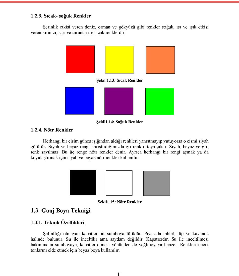 Siyah, beyaz ve gri; renk sayılmaz. Bu üç renge nötr renkler denir. Ayrıca herhangi bir rengi açmak ya da koyulaştırmak için siyah ve beyaz nötr renkler kullanılır. 1.3. Guaj Boya Tekniği Şekil1.
