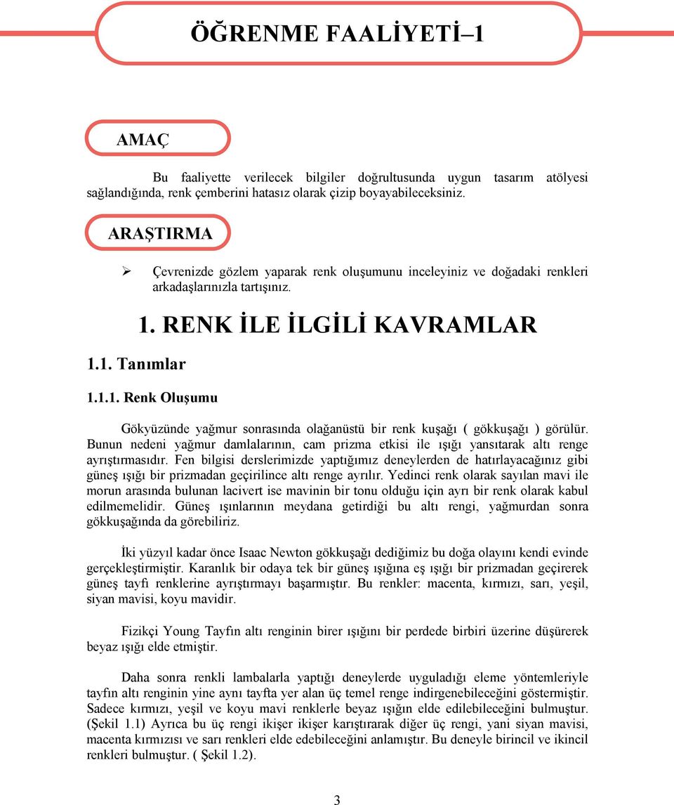 1. Tanımlar 1. RENK İLE İLGİLİ KAVRAMLAR 1.1.1. Renk Oluşumu Gökyüzünde yağmur sonrasında olağanüstü bir renk kuşağı ( gökkuşağı ) görülür.