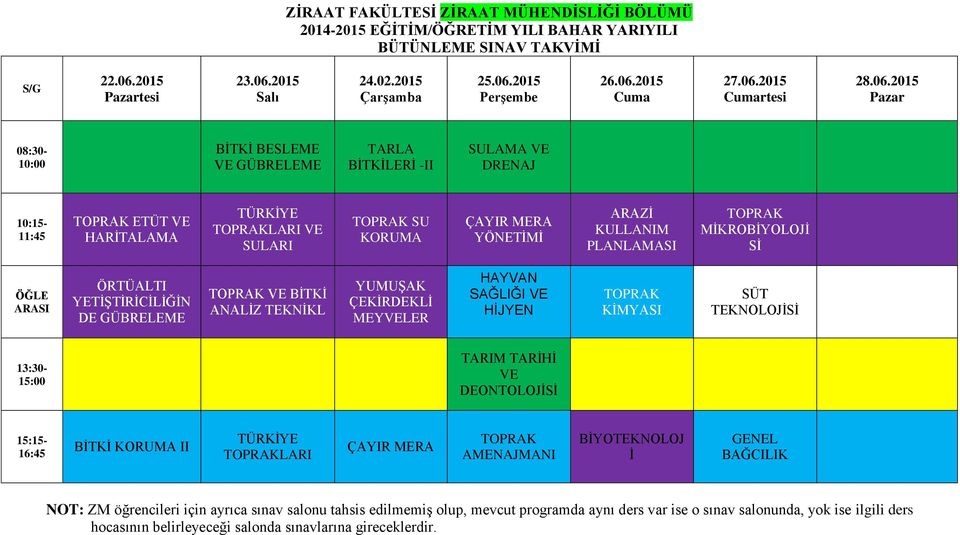 SAĞLIĞI VE HİJYEN KİMYASI SÜT TEKNOLOJİSİ TARIM TARİHİ VE DEONTOLOJİSİ BİTKİ KORUMA II TÜRKİYE LARI ÇAYIR MERA AMENAJMANI BİYOTEKNOLOJ İ GENEL BAĞCILIK NOT: ZM öğrencileri