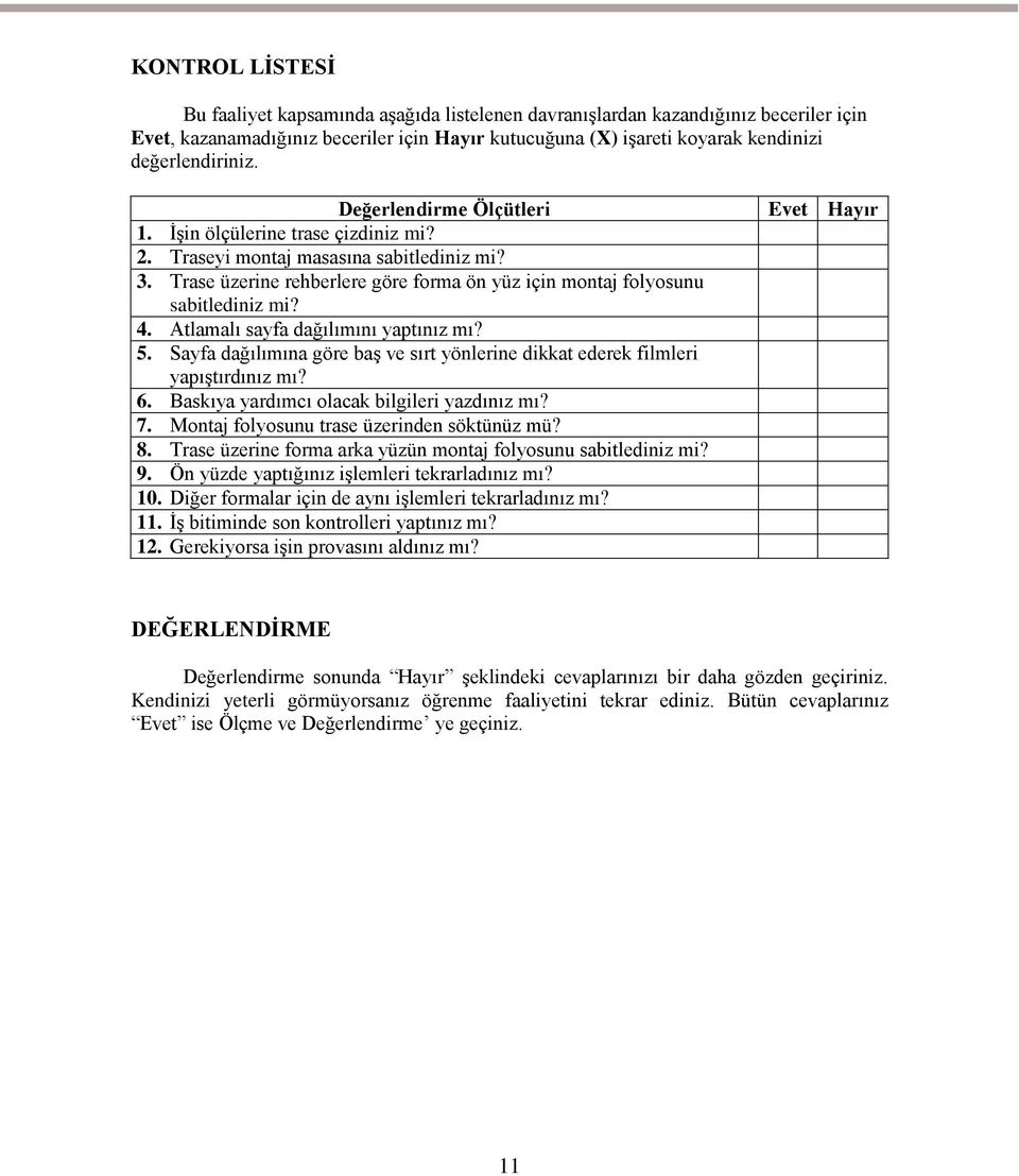 Trase üzerine rehberlere göre forma ön yüz için montaj folyosunu sabitlediniz mi? 4. Atlamalı sayfa dağılımını yaptınız mı? 5.