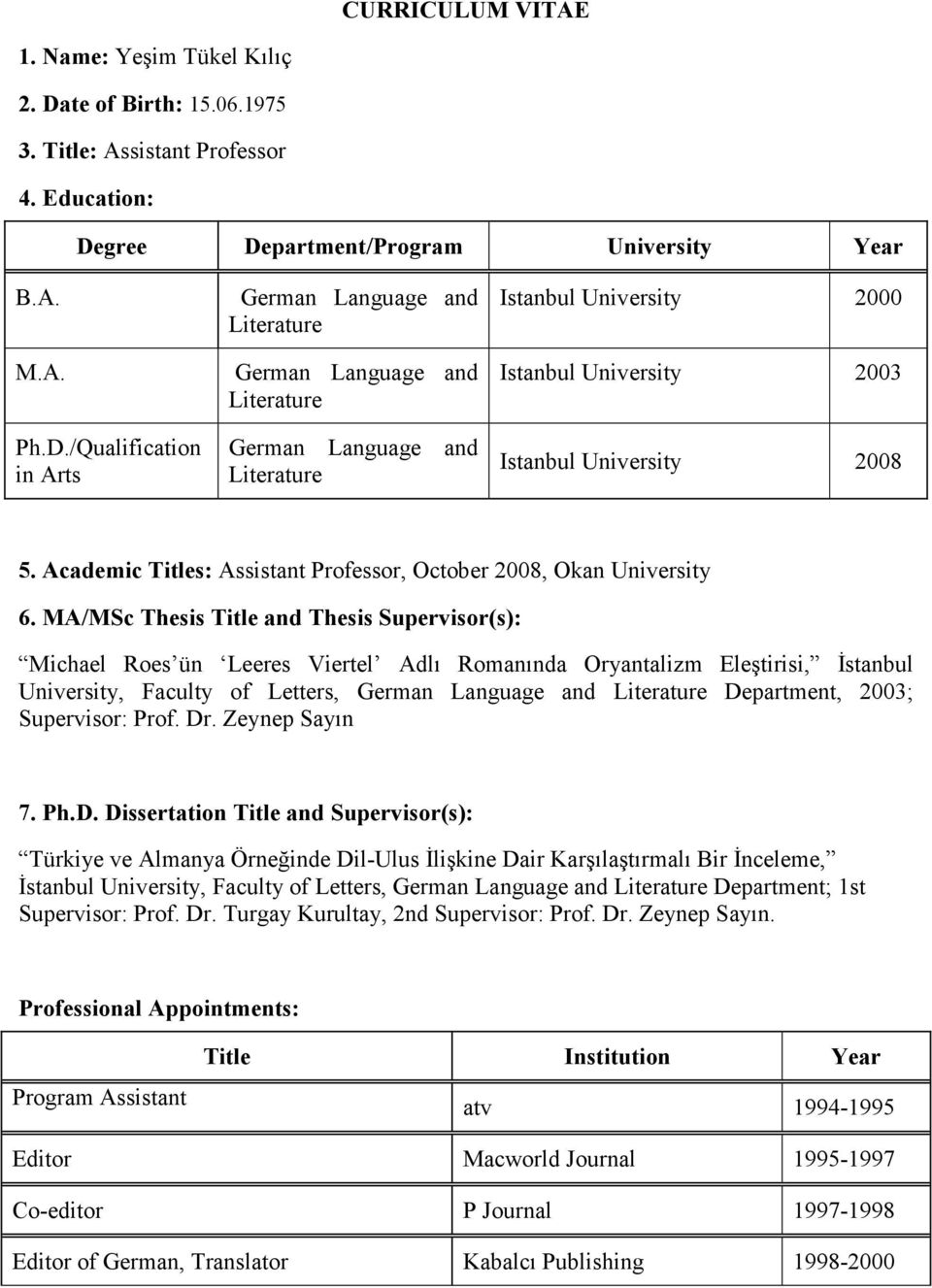 MA/MSc Thesis Title and Thesis Supervisor(s): Michael Roes ün Leeres Viertel Adlı Romanında Oryantalizm Eleştirisi, Đstanbul University, Faculty of Letters, Department, 2003; Supervisor: Prof. Dr.