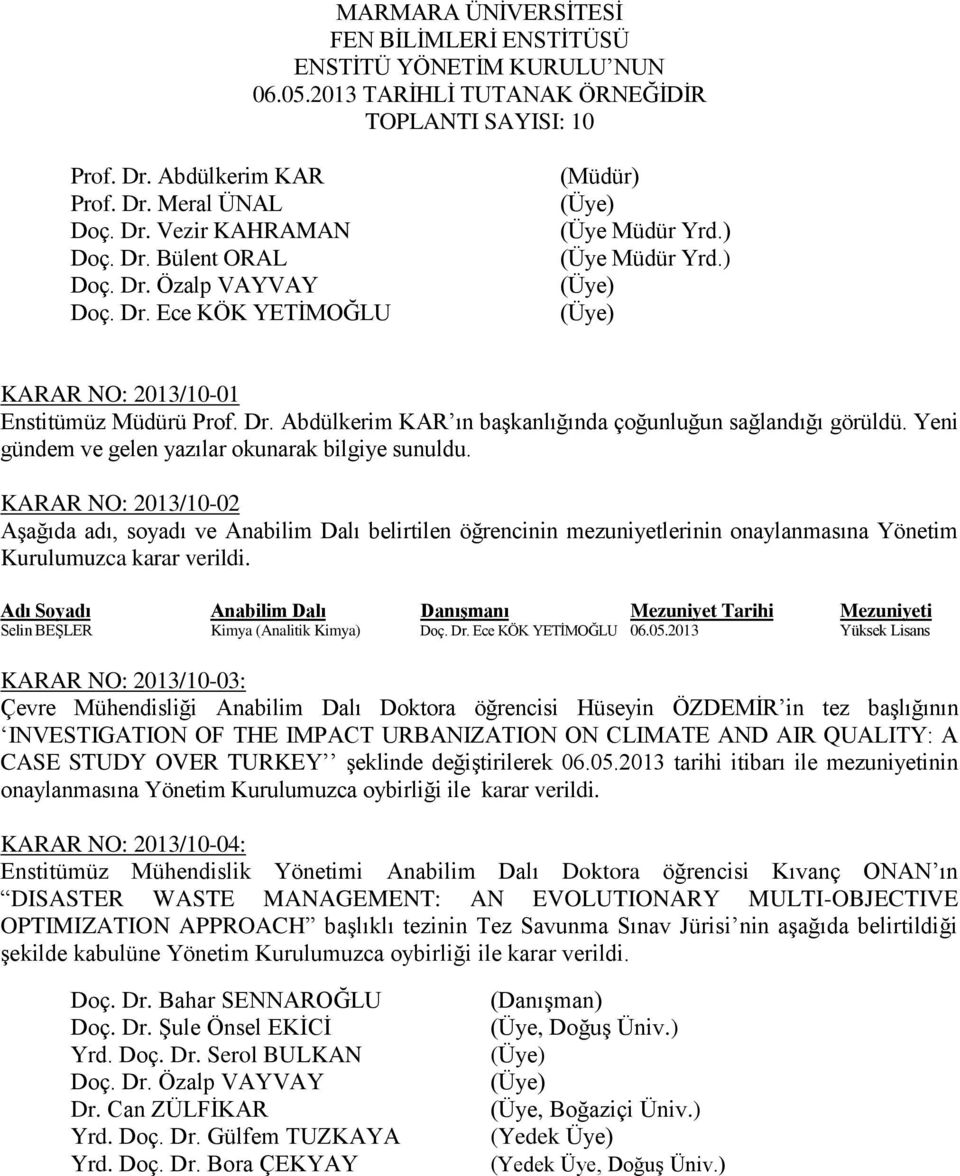 Yeni gündem ve gelen yazılar okunarak bilgiye sunuldu. KARAR NO: 2013/10-02 Aşağıda adı, soyadı ve Anabilim Dalı belirtilen öğrencinin mezuniyetlerinin onaylanmasına Yönetim Kurulumuzca karar verildi.