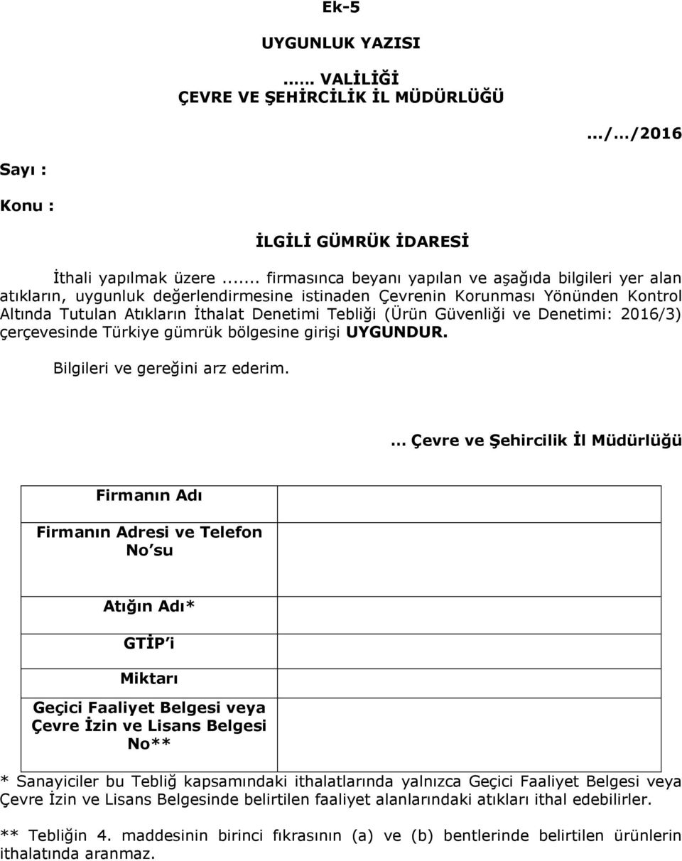 Güvenliği ve Denetimi: 2016/3) çerçevesinde Türkiye gümrük bölgesine girişi UYGUNDUR. Bilgileri ve gereğini arz ederim.