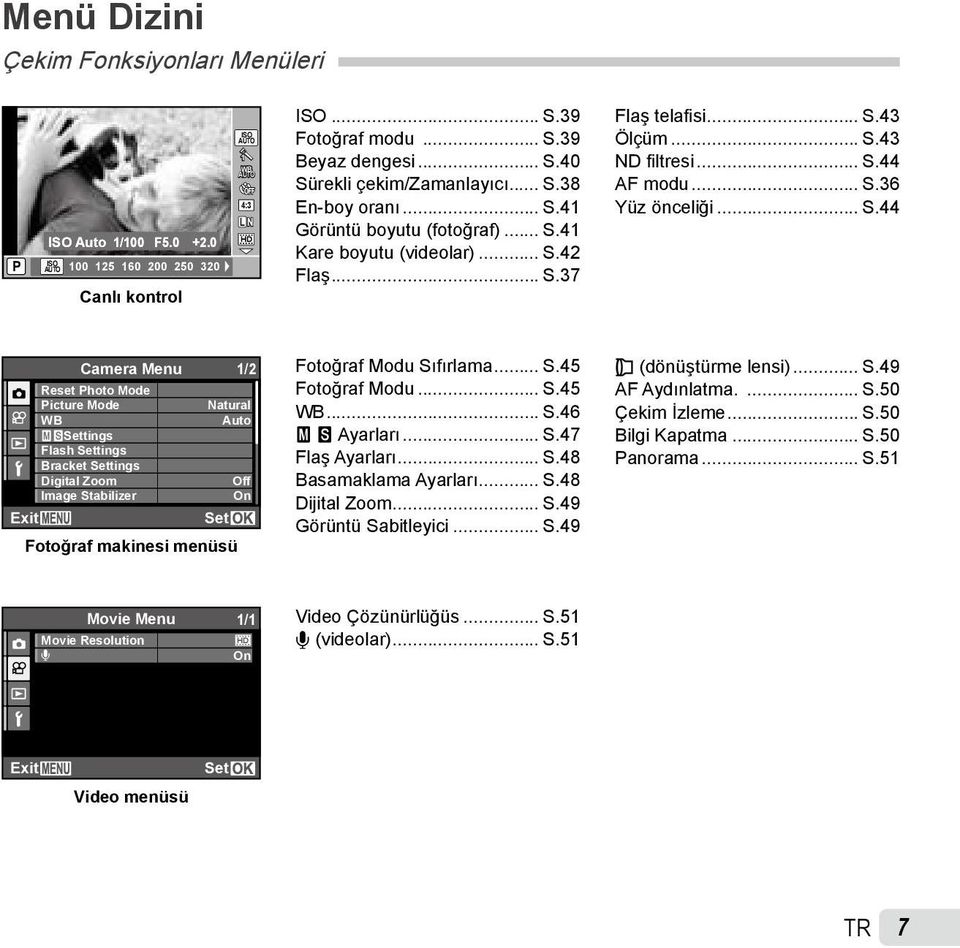 Reset Photo Mode Picture Mode WB XWSettings Flash Settings Bracket Settings Digital Zoom Image Stabilizer Exit Camera Menu 1/2 Natural Auto Off On Set Fotoğraf makinesi menüsü Fotoğraf Modu Sıfırlama.