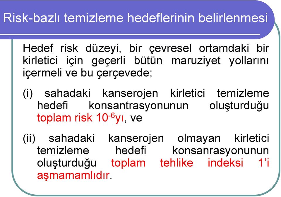 kirletici temizleme hedefi konsantrasyonunun oluşturduğu toplam risk 10-6 yı, ve (ii) sahadaki