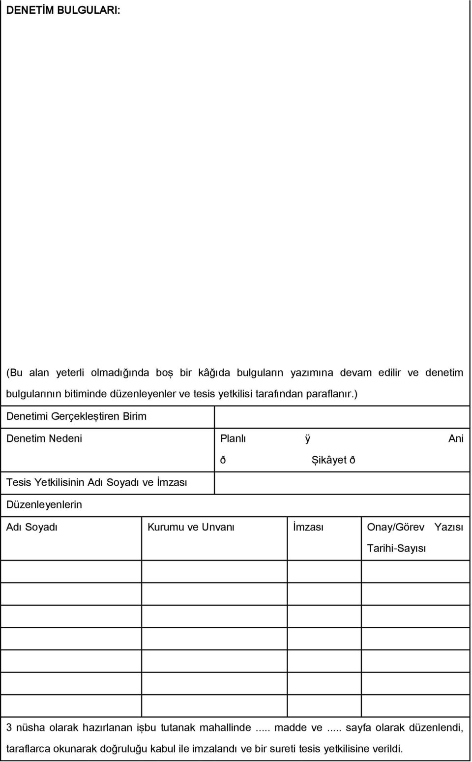 ) Denetimi Gerçekleştiren Birim Denetim Nedeni Planlı ÿ Ani ð Şikâyet ð Tesis Yetkilisinin Adı Soyadı ve İmzası Düzenleyenlerin Adı Soyadı