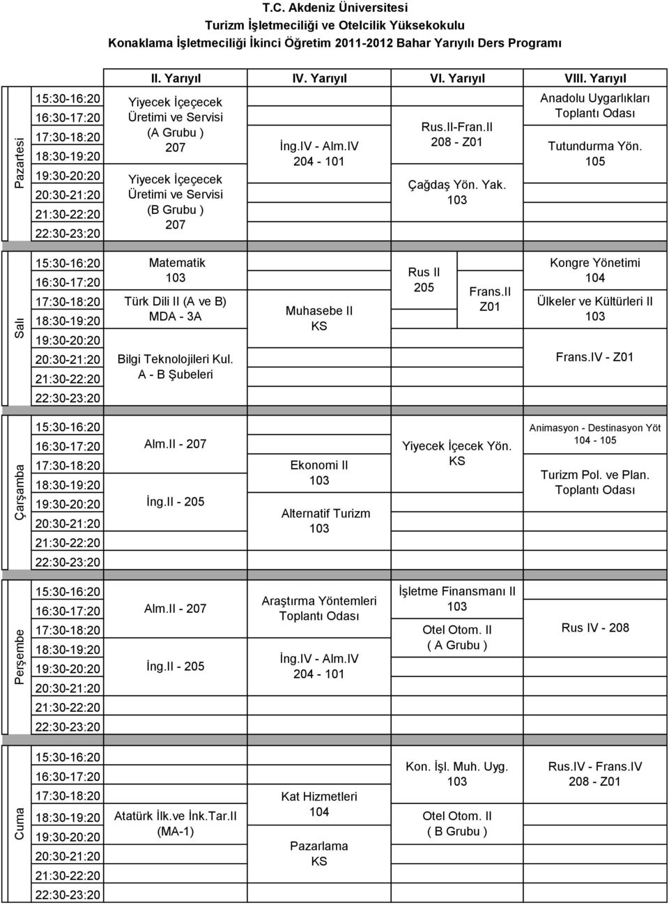 105 Türk Dili II (A ve B) MDA - 3A Rus II 205 Frans.II Z01 Frans.IV - Z01 Alm.II - İng.II - 205 Yiyecek İçecek Yön.