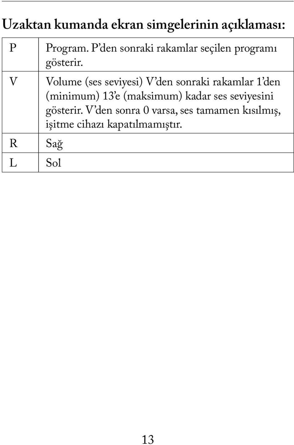 Volume (ses seviyesi) V den sonraki rakamlar 1 den (minimum) 13 e (maksimum)